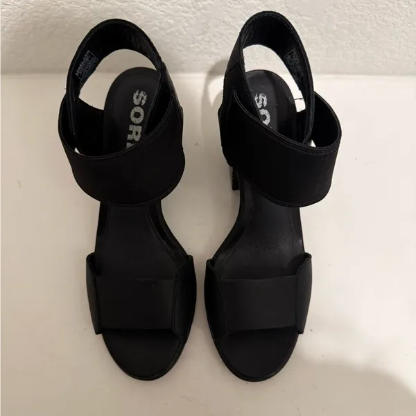 SOREL Nadia Black Leather Strappy Lug Sole Block Heel Sandals Comfort Size 7.5 - Image 4