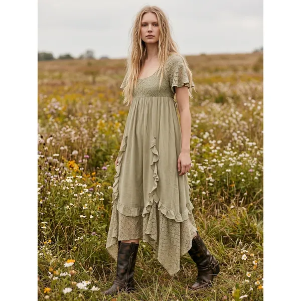 Free People Ethereal Bohemian Bring The Romance Midi Maxi Dress Stone Moss XS - Image 3