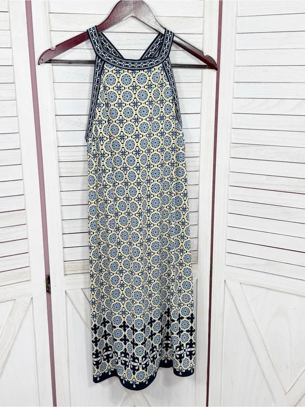 Max Studio‎ Geometric Medallion Print Halter Shift Dress Yellow Blue Medium - Image 7