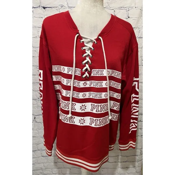 PINK by Victoria’s Secret Red Lace Up Sweatshirt Top Snowflakes Ski Winter Large - Image 2