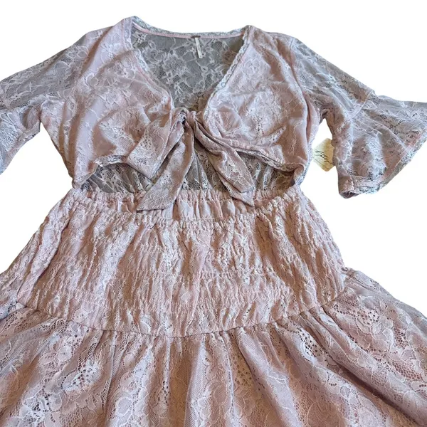 Free People Lala Dawn Rose Pink Lace Mini Dress Cutout Tie Front Size Large NWT - Image 6