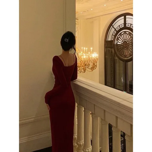 Wine Red Square Neck Midi Dress with‎ Chain Detail, US Size S/XS, Party Slim Fit - Image 2