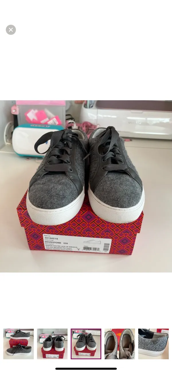 TORY BURCH Marion Quilted Fleece Lace Up Sneakers, Dovestone 8 EUC - Image 6