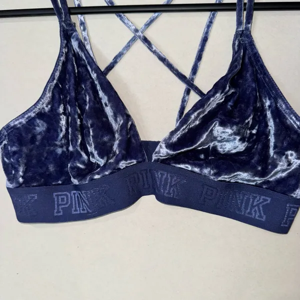 PINK - Victoria's Secret Dark Blue Velvet Triangle Bralette Women’s Size Medium - Image 5