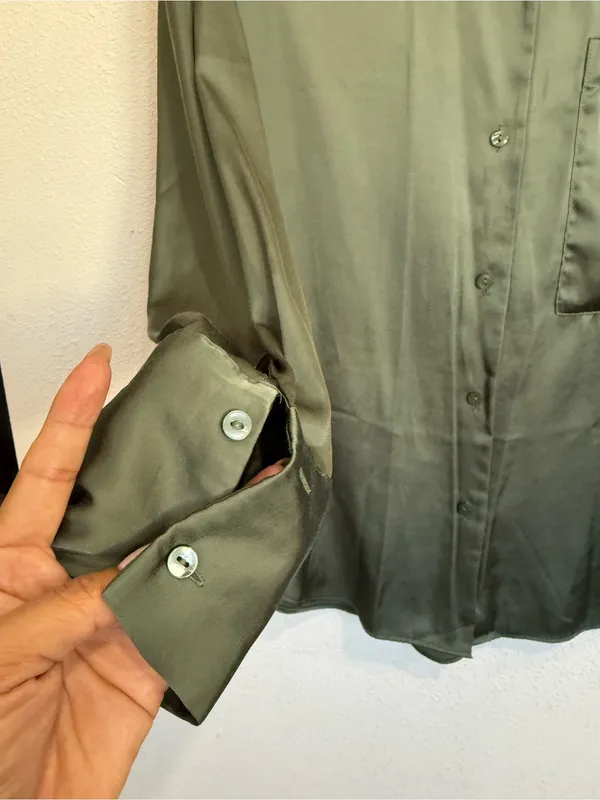 Abercrombie & Fitch XS Olive Satin Oversized Button-Up Shirt - Image 3