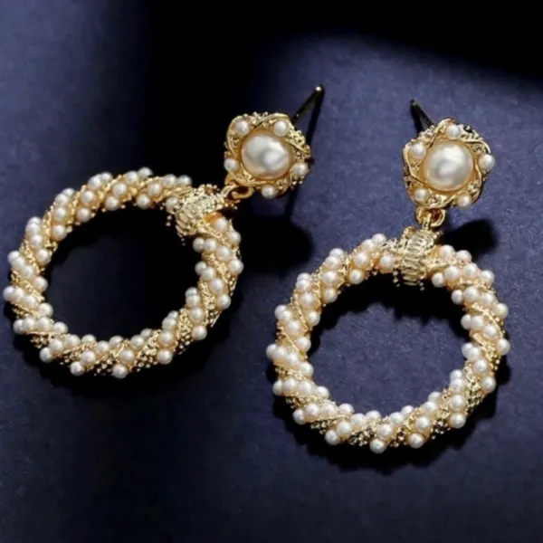 White Pearl Drop Dangle Hoop Earrings for Women - Image 3