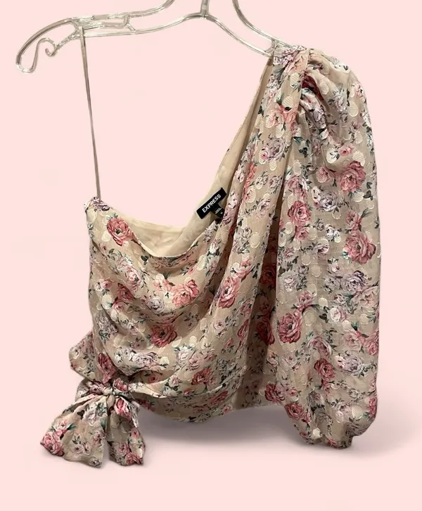 Cute creamy blush floral ruffle crop silky 1 shoulder crop top mermaid fairy - Image 2