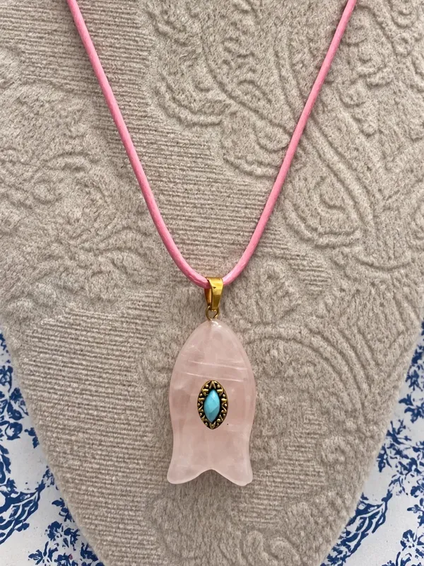 Revolve x Adina Eden Pink Quartz Fish Pendant Faux Leather Rope Necklace Pink - Image 7