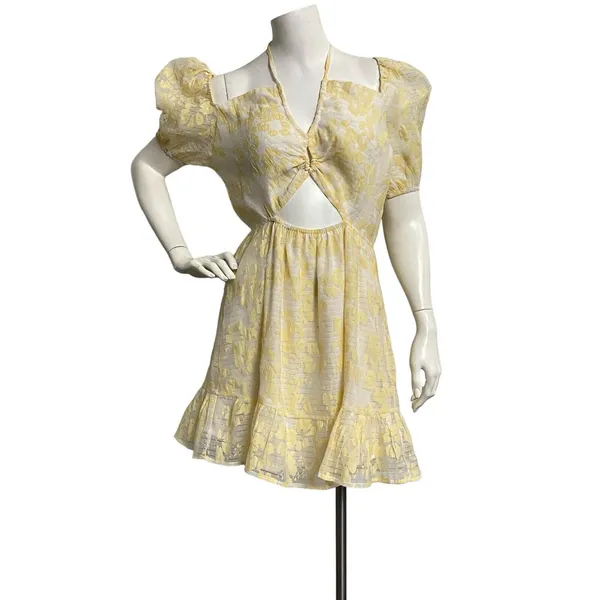 Storia Ruby & Jenna Tie Front‎ Puff Sleeve Dress Lemon Size Large Fairycore Open - Image 2