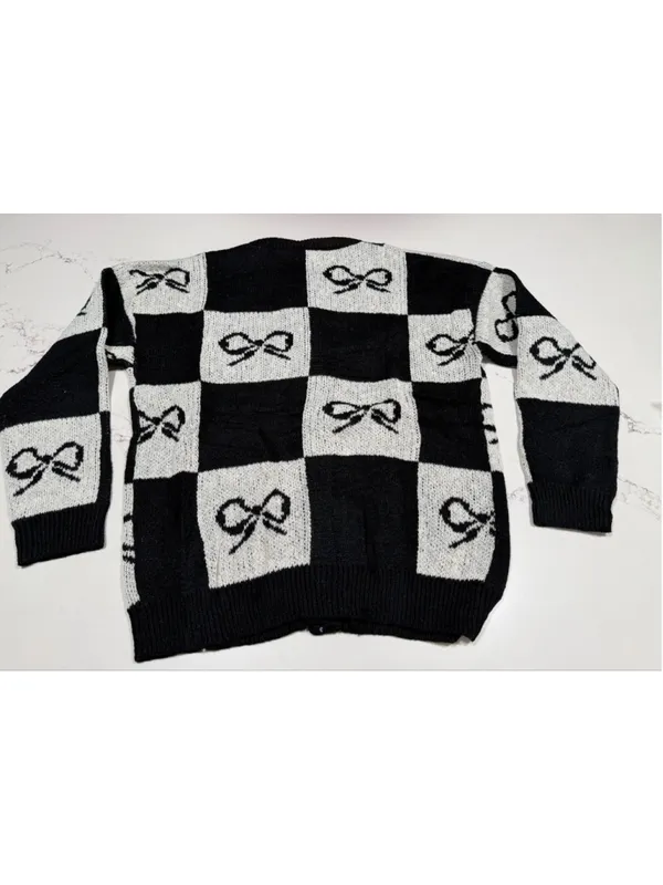 NEW Black & Tan Bow Checkered Button Down Cardigan Sweater L Size L - Image 2