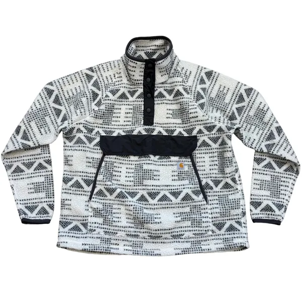 Carhartt Sherpa Fleece Pullover Womens XL‎ White Black Geometric Snap Front - Image 3