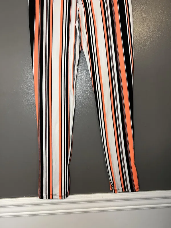 Rainbow Sandals Rainbow Pants Womens Small Black White Orange Stripe Leggings Made USA Pull On - Image 6