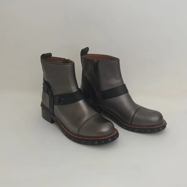 COACH Moto Bootie Gunmetal Black Leather Studded Ankle Boots Women's Size 8 - Image 3
