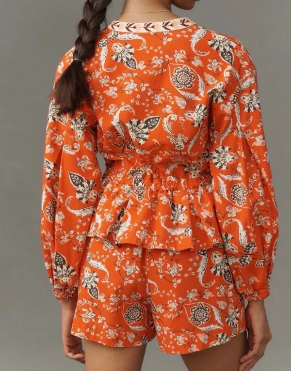 Farm Rio Button Front Balloon Sleeve Printed Romper, Size L - Image 5