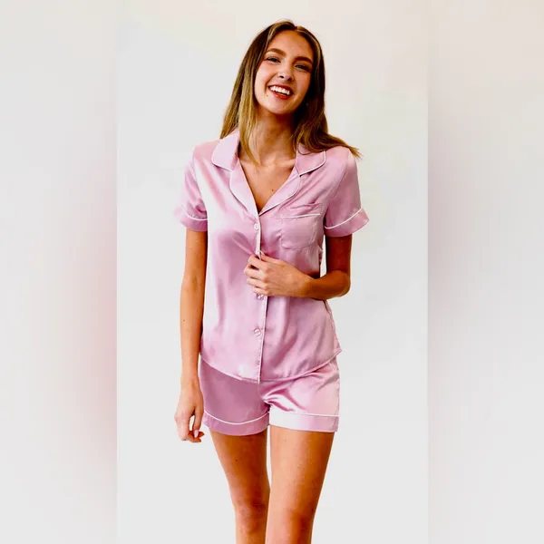 Pink Satin Pajama Set by Kennedy Blue, Button Front Shirt and Shorts size Medium - Image 2