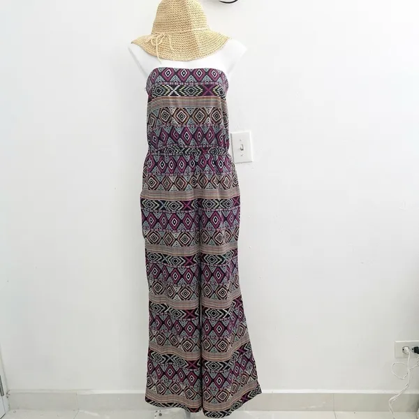 Retro Palazzo Wide Leg Jumpsuit Romper Purple LARGE Bohemian Tribal Tube Y2K - Image 2