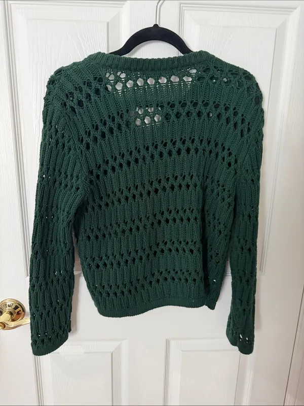 LOFT Forest Green Open-Knit Button Cardigan Sweater size XS - Image 3