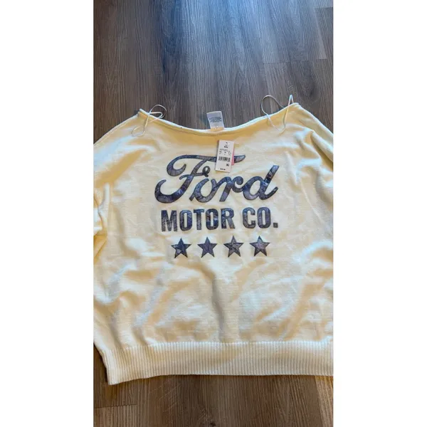 Ford Motor Co Graphic Sweater Off Shoulder American Flag Patch White XXL - Image 4