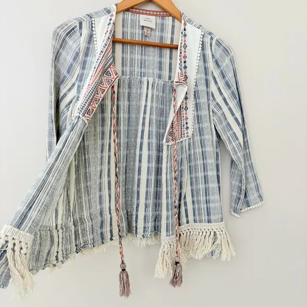 Knox Rose Cardigan Top M Cotton Boho Embroidered Fringe Blue Cream Peasant - Image 4
