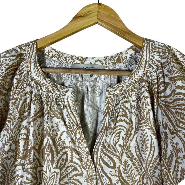 LOFT Floral Flutter Sleeve V-Neck Top Brown Cotton Tropical Boho Coastal Size M - Image 3