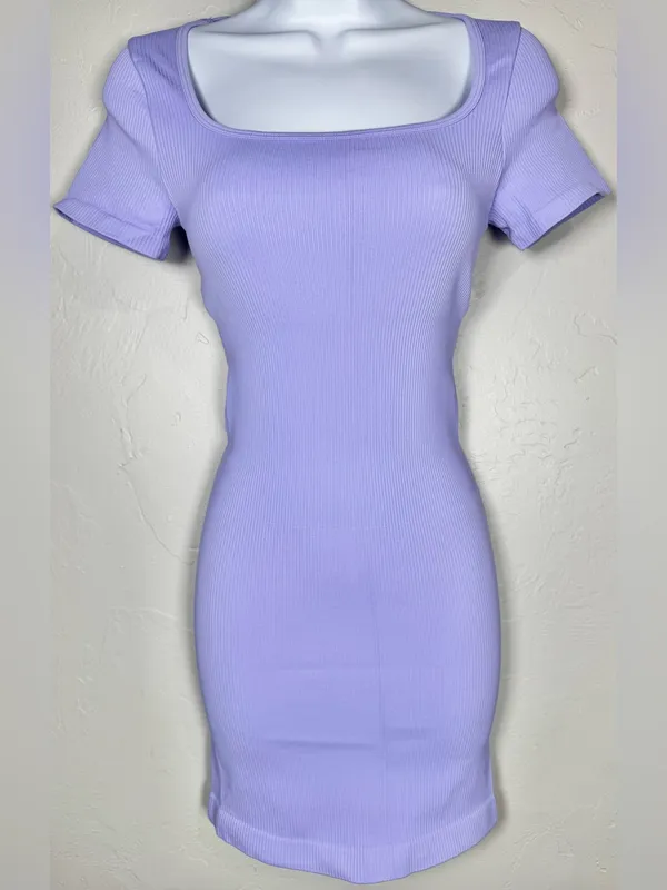OQQ Lavender/Lilac Square Neck Ribbed Mini Bodycon Dress Size Small - Image 2