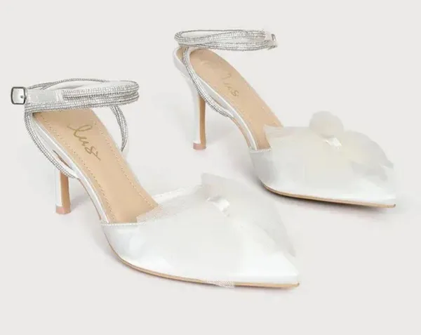 Lulus Lelanee White Satin Rhinestone Bow Ankle Strap Pumps - Image 4