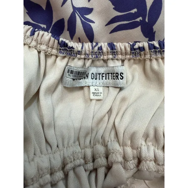 Urban Outfitters Blue Leaf Print Smocked Puff Sleeve Ruffle‎ Mini Dress XS Cream - Image 3