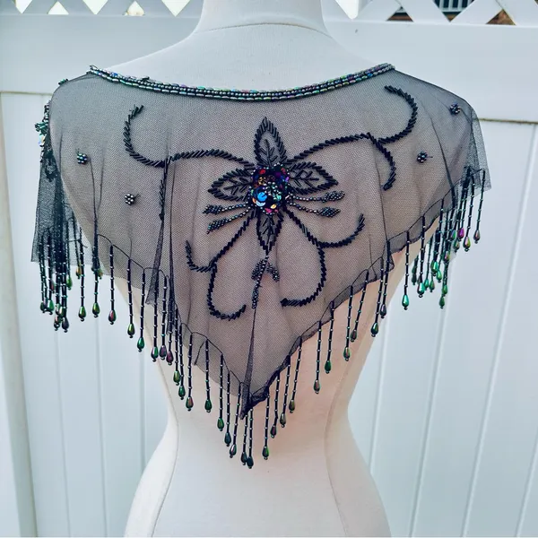 Vintage Beaded Black Mesh Caplet Collar Scarf with Fringe & Sequins - Image 6