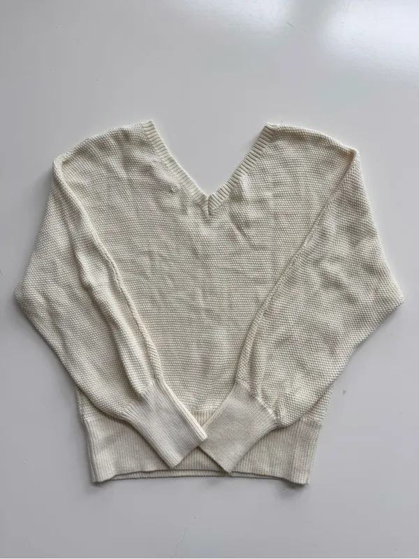 Anthropologie Cream V-neck Waffle Knit Cotton Oversized Pullover Sweater Small - Image 7