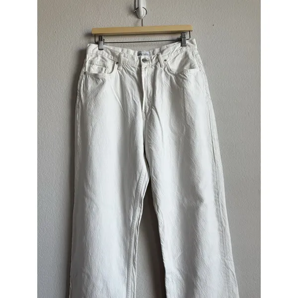 ZARA Women's White‎ High Rise Flare Wide Leg Denim Jeans Size 12 Classic Y2K - Image 4