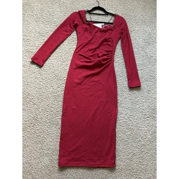 Wine Red Square Neck Midi Dress with‎ Chain Detail, US Size S/XS, Party Slim Fit - Image 3