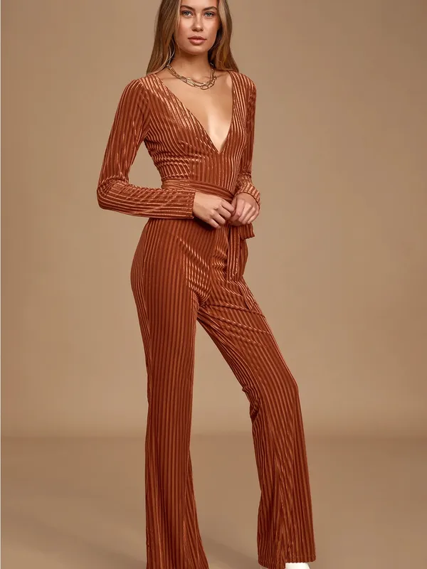 Striking a Pose Rust Orange Velvet Striped Long Sleeve Jumpsuit Size Small - Image 6