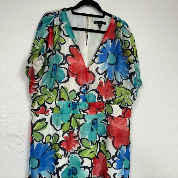 Maggy London Blue Red Floral Print Maxi Dress Womens 18W Boho Casual Eyelet - Image 14