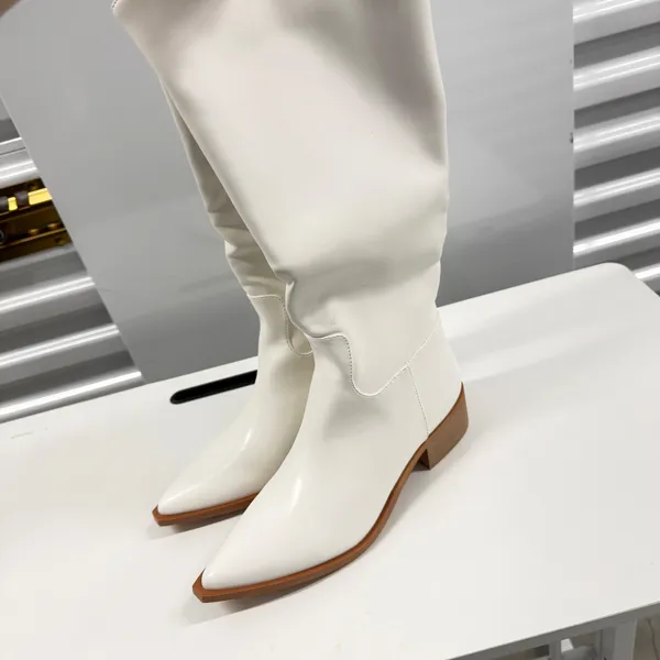 White Faux Leather Pointed Toe Knee High Western Boots Womens Size 8 Slouchy - Image 3