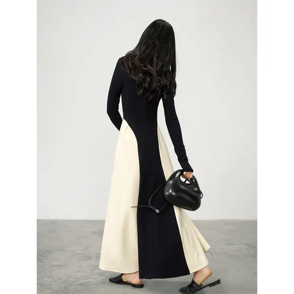 Commense Elegant Contrast Black Cream V-Neck Panel Pleated Long Sleeve Maxi XS - Image 3