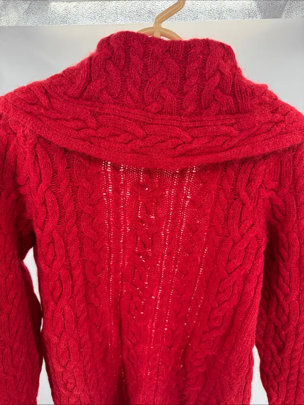 Ralph Lauren Red Cable-Knit cowl neck Cardigan S open front wool mohair angora - Image 3