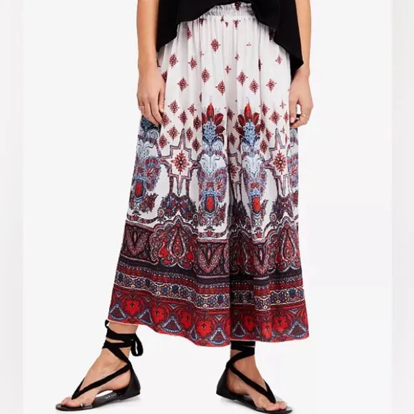 Free People Boho Gold Dust Printed Wide Leg High Waist Flowy Pants - Image 2