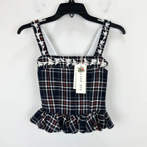FANM MON Tweed Tartan Plaid Embroidered Square Neck Peplum Top XS NWT - Image 4