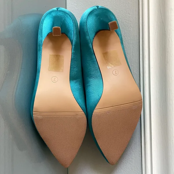 ERIJUNOR Teal Satin Kitten Heel Pumps Rhinestone Buckle Pointed Toe Size 7 - Image 7