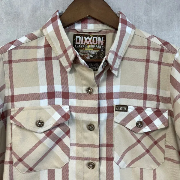 Dixxon Flannel Company The Burleigh Plaid Shirt Women Medium Tan‎ Red Minimalist - Image 3