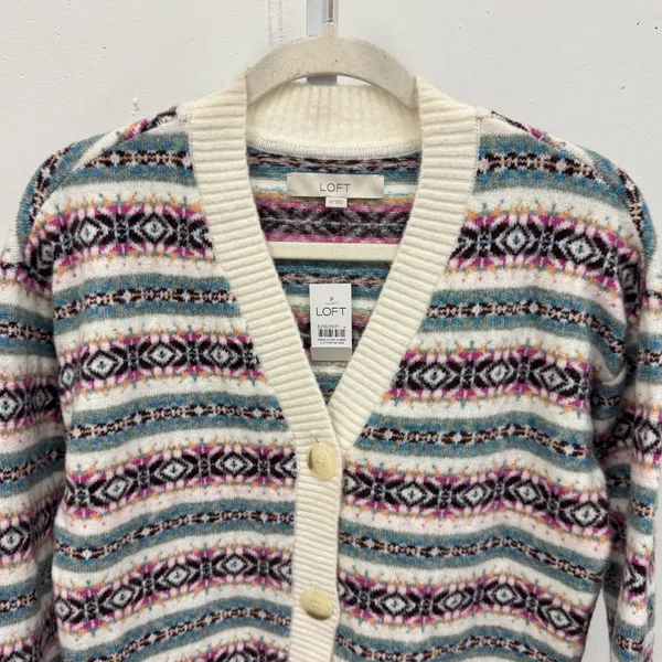 NWT LOFT Fair Isle V-Neck Cardigan Sweater Women's XS Multi Knit Button Front‎ - Image 2