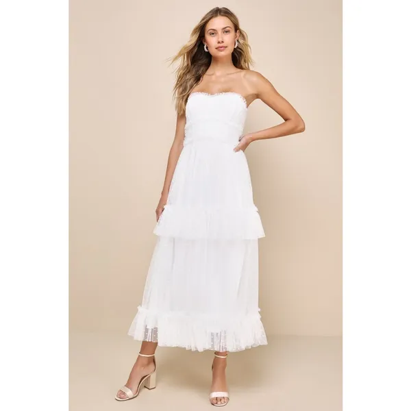 Lulus Women L White Tulle Swiss Dot Strapless Tiered Midi Dress NEW Romantic - Image 14