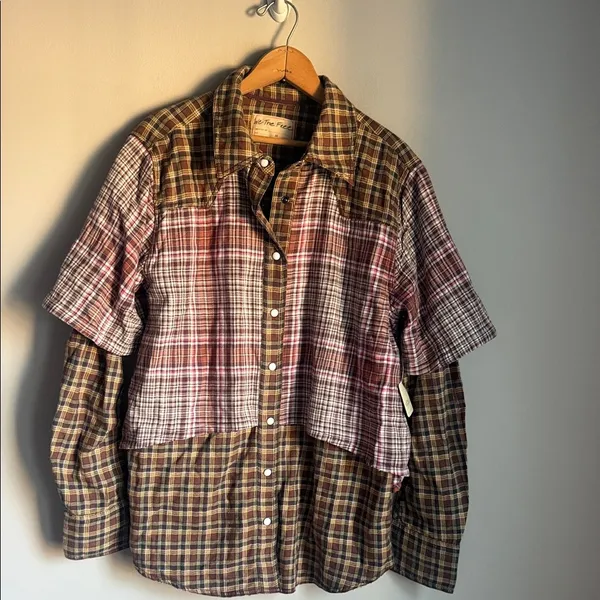 NEW Free People Layer it Up Plaid Flannel Snap Down Top Medium - Image 4