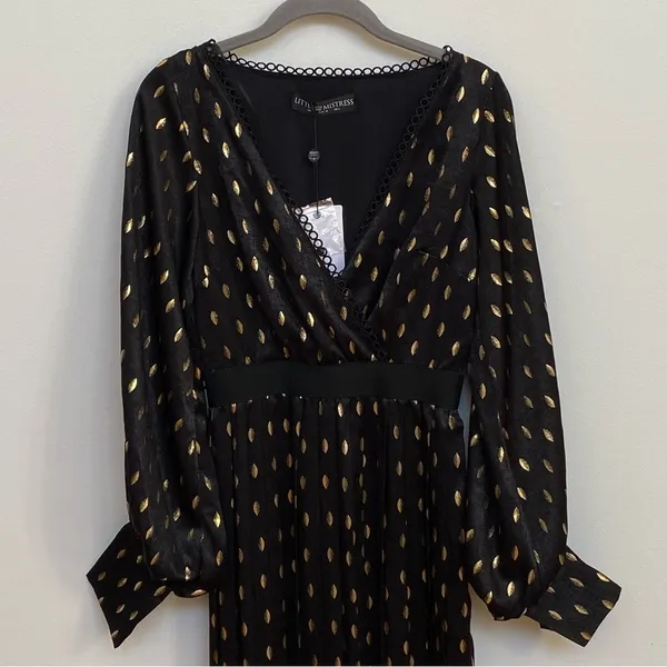Little‎ Mistress Black & Gold Foil Leaf Pleated Maxi Dress UK 8 US 4 NWT - Image 3