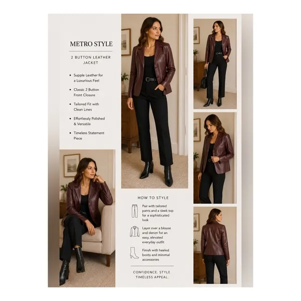Metrostyle Leather Jacket Womens Size 12 Burgundy Lined Button Front Classic Red - Image 9