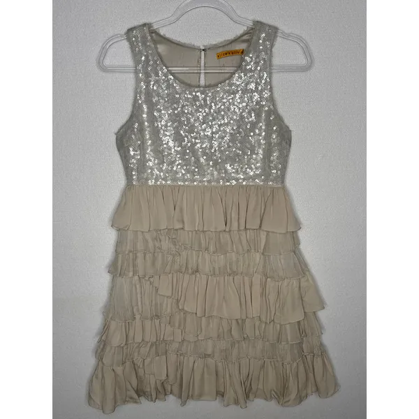 Alice + Olivia 2000s Silk Ruffle Tiered Sequin Dress Neutral Small - Image 6