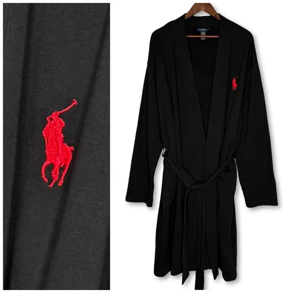 Polo Ralph Lauren Plush Soft Black Red Pony Fleece Bathrobe‎ L/XL Knee Length - Image 2