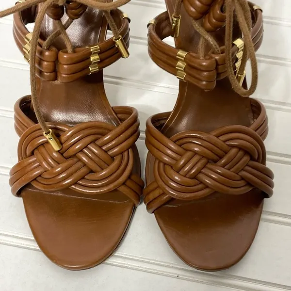Tory Burch Tan Brown Leather Knotted Strappy Lace Up Stiletto Heels Sandals 9.5M - Image 13