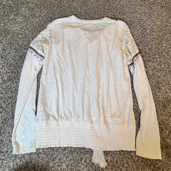 Maurices Womens Boho Embroidered Lace Up Smocked Hem Top White Large Long Sleeve - Image 6