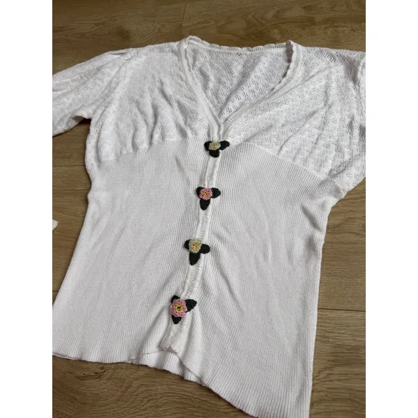 y2k Unique Pointelle white knit sweater Balletcore Cottagecore Grandmacore sz S - Image 3